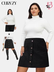 CURVZY Plus Size Solid Textured Turtle Neck Sweater & Solid Pocket A Line Skirt, Women's Clothing for Daily Wear