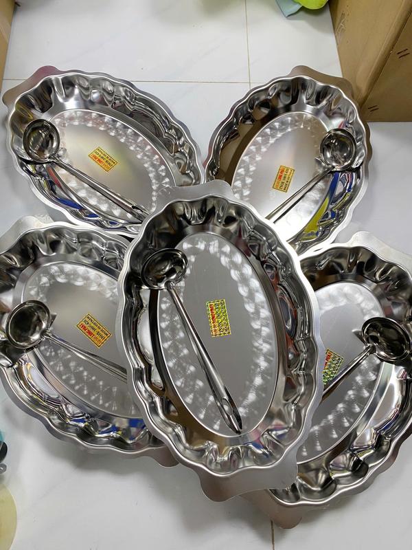 Combo 5 dĩa né inox lòng sâu LỚN , dĩa bò né hột xoài tặng kèm 5 muôi vá, chảo né inox