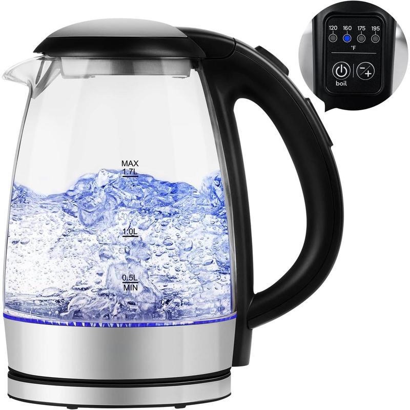 TikTok Shop Electric Kettle 1.7L Hot Water Kettle Temperature Control 4 Presets LED Lights Auto Shut Off Borosilicate Glass 1500W Water Boiler for Coffee Stainless steel