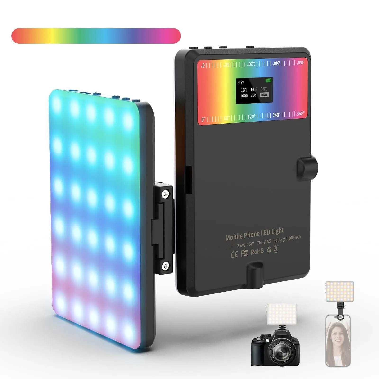 RGB Selfie Light for Camera, 360° Full Color LED Phone Light, 2000mAH Photography Lighting with Clip and Cold Shoe for Phone/Laptop/Camera, Video Light for Selfie/Makeup