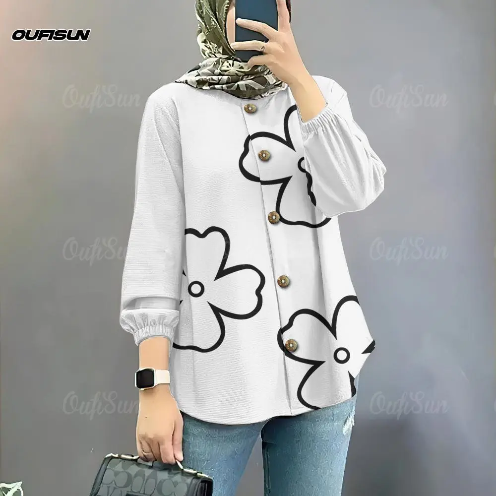 2025 NEW Ladies' Family Parent Child Shirt Baju Muslim Shirt Style Elegant Muslim Women's Shirt flower Pattern Buttons Baju Muslim Long Sleeve Shirt S-5XL