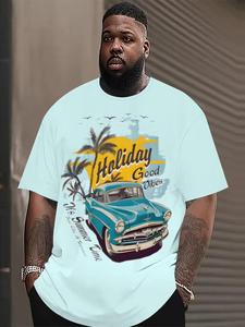 Plus Size Men's Car Graphic Print Round Neck Tee, Regular Fit Casual Comfy Short Sleeve T-shirt for Daily Wear, Men's Plus Size Clothing for All Seasons