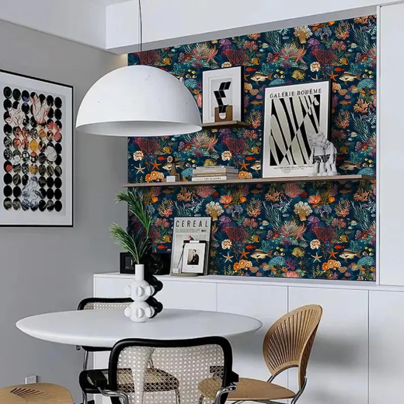 Floral & Fish Pattern Wall Sticker, 1 Roll Removable Waterproof Wall Paper, Self Adhesive Wall Decal for Kitchen Living Room Dining Room Bedroom 3