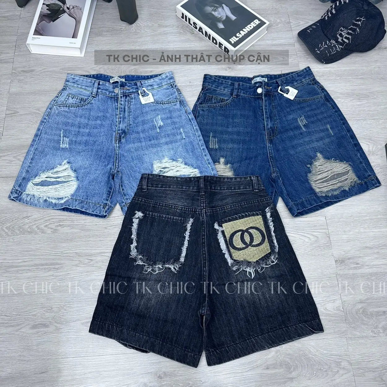 Quần Jeans Short Ngố Nữ Ống Rộng Phối Rách Thêu Túi Sau Dáng Lửng Lưng Cao Thời Trang Nữ - TK CHIC