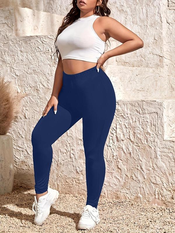【Plus Size】 Solid Color Skinny Pants, Casual Comfy Breathable Seamless Leggings for Daily Wear, Women's Bottoms for Summer 2