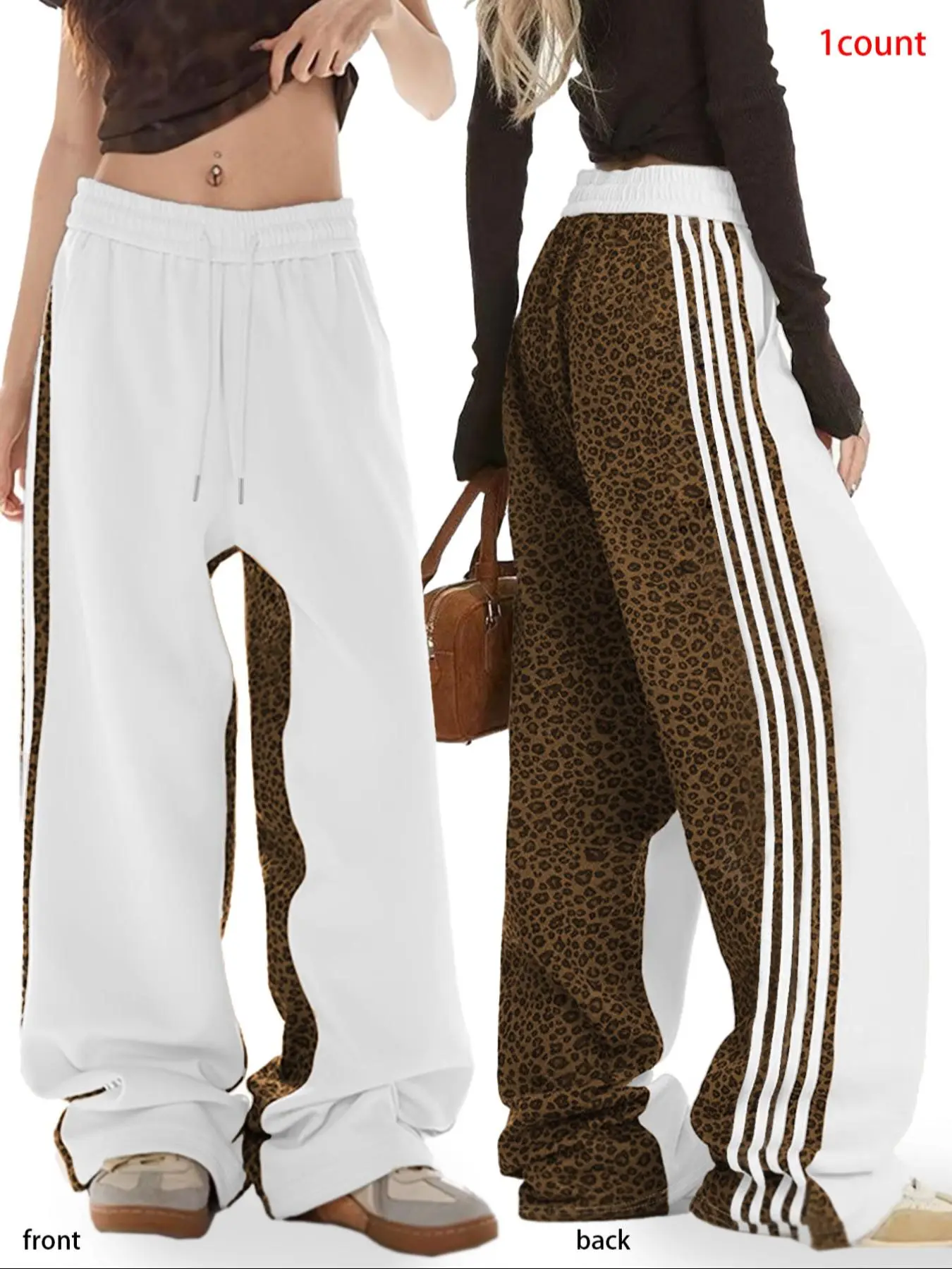 Women's Fashionable Leopard Print Sweatpants, Casual Versatile Loose Colorblock Sweatpants, Side Stripes Straight Leg Pants for Fall & Winter
