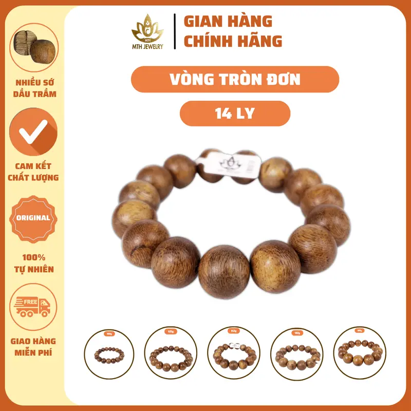 Vòng Tay Trầm Hương Hạt Tròn Đơn MTH JEWELRY - Vòng Trầm Tốc Việt Đeo Tay Nam Nữ, Phụ Kiện Voi Túi Gấm, Lá Bồ Đề, Nụ Trầm, Dây Xâu 3