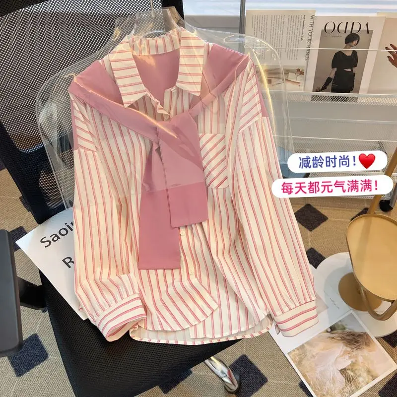 Áo Sơ Mi Dài Tay Giả Hai Mảnh, Khăn Choàng Cho Nữ, Dáng Rộng Vừa Vặn, Áo Cánh Sọc, Hàng Mới Về Mùa Xuân 2025