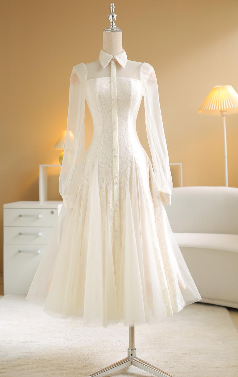 Product Introduction of SÒ VINTAGE - LUCIE đầm ren phối lưới tay dài, cổ sơ mi 2