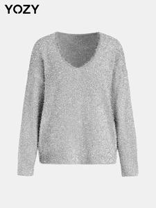 YOZY Women's Solid Drop Shoulder Sweater Pullover, Casual Long Sleeve V Neck Jumper for Fall & Winter, Fashion Ladies' Knitwear for Daily Wear