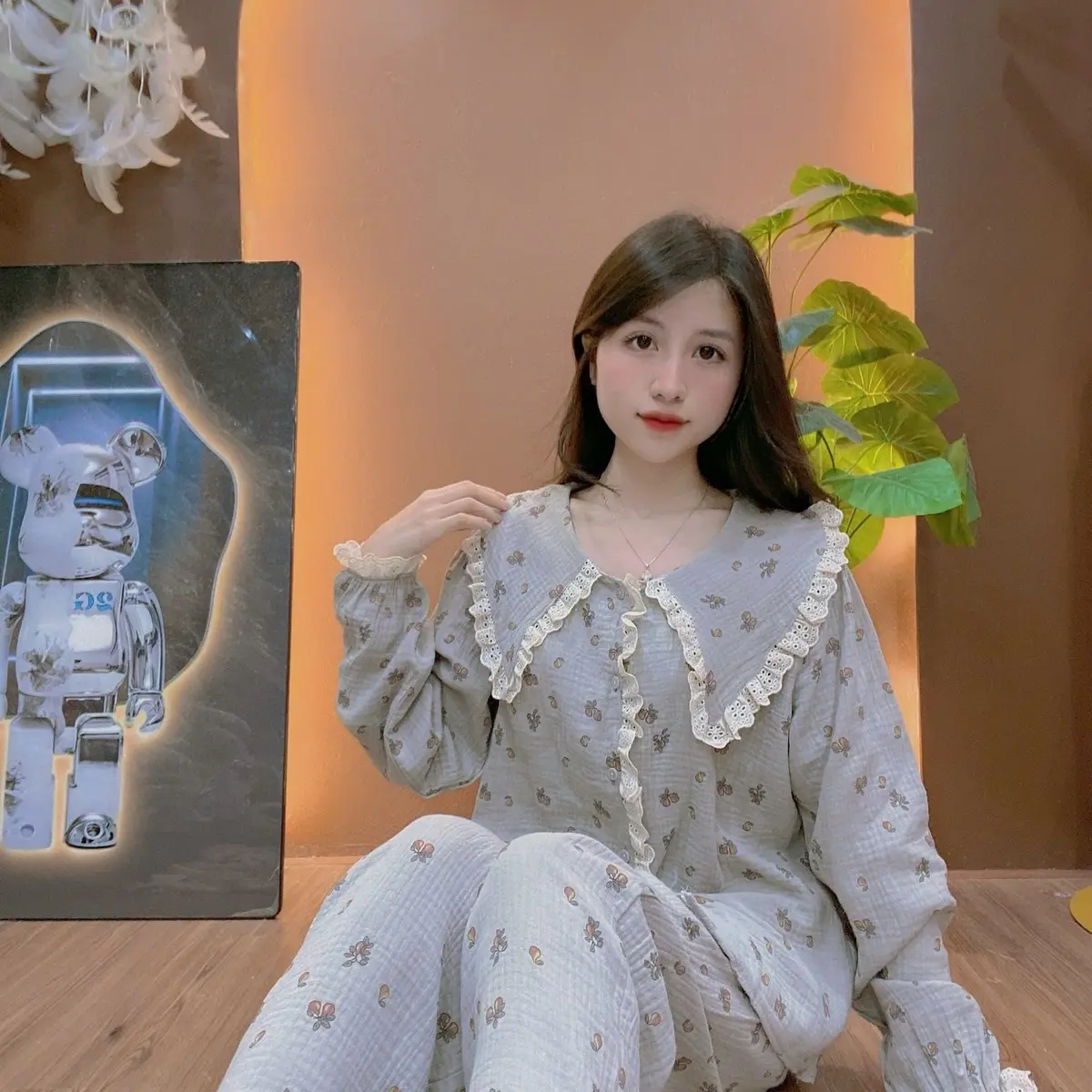 Bộ ngủ xô musline phối bèo cho nữ mùa thu đông - Women A11