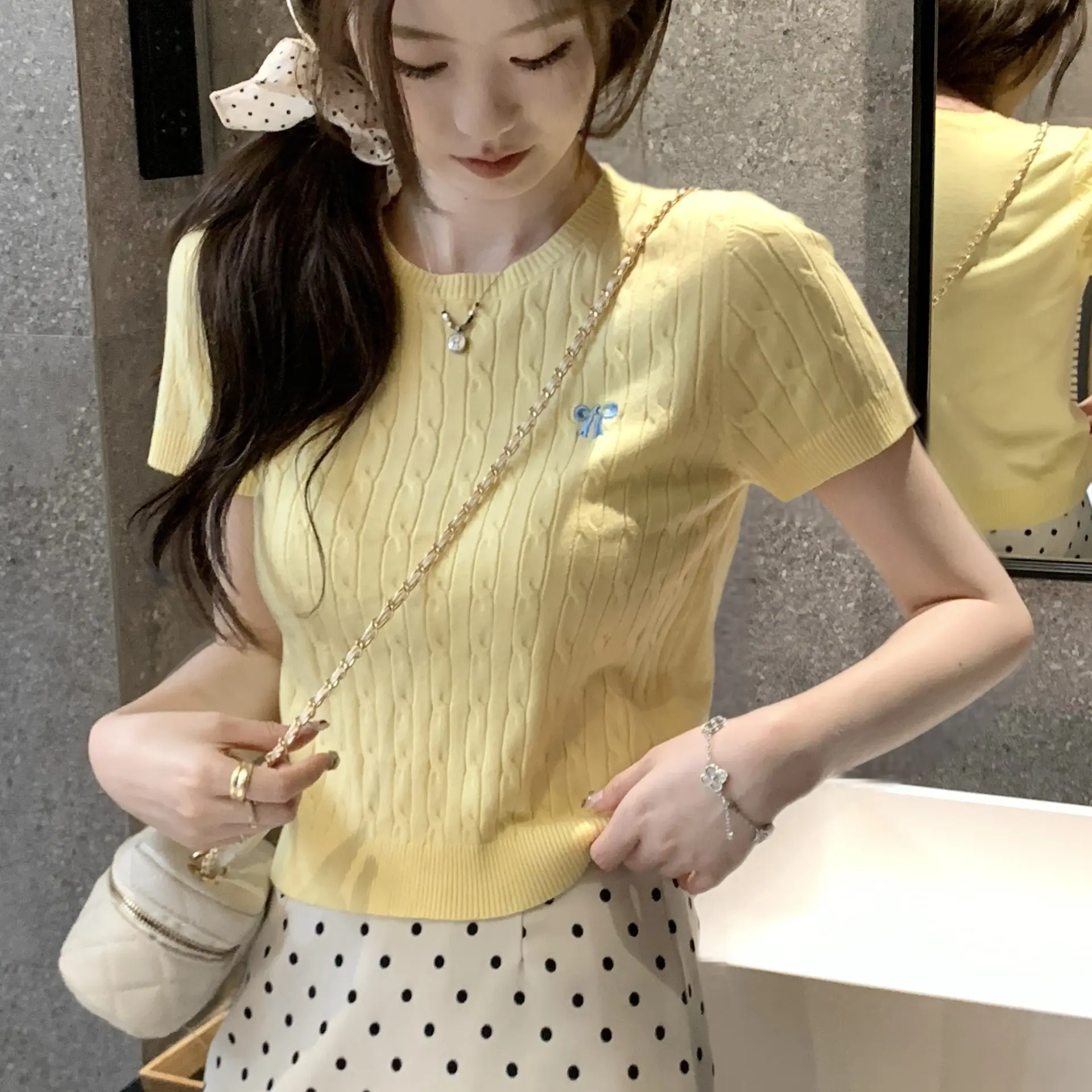 New Style Braided Embroidered Short Sleeve Knitted Top for Women Korean Style Slimming Short Top