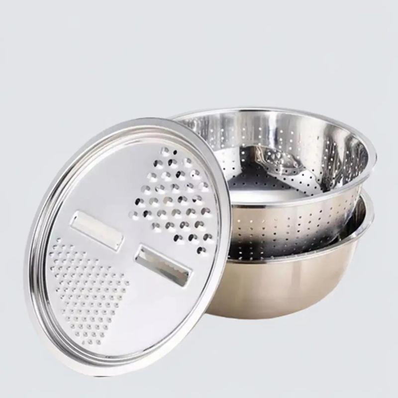 Bộ Rổ Nạo Rau Củ Quả Đa Năng Inox 3 Trong 1, Bộ Nạo Củ Quả Kèm Chậu