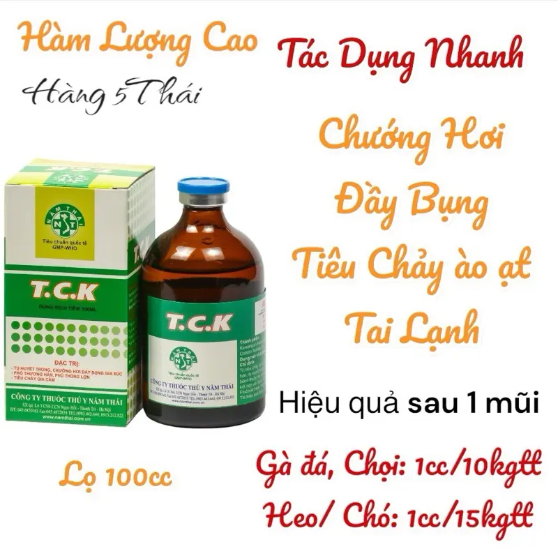 T.C.K - Trị phân xanh trắng Gà Đá, chướng hơi đầy bụng , phothuonghan  cho heo, bò, dê, gà,.. Lọ nước tiêm 100cc