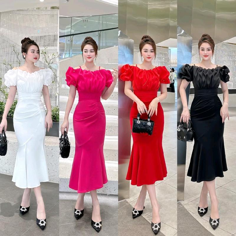 ĐẦM DỰ TIỆC TRỄ VAI ĐUÔI CÁ PHỐI TƠ GÂN ĐỦ SIZE M, L,XL,XXL váy  cưới Màu Hồng Tre Voan Thun Dress Women Nữ