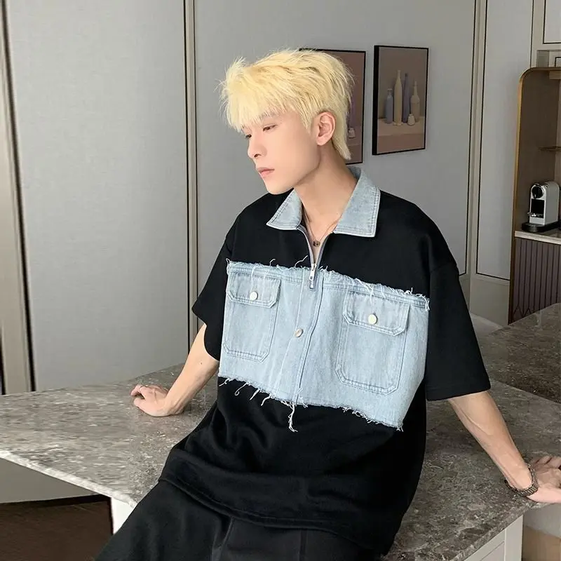 Áo Thun Phong Cách Hồng Kông Ins Thiết Kế Khâu Denim Cổ Điển Thương Hiệu Thời Trang Dáng Rộng Mùa Hè Cho Nam, Áo Polo Giả Hai Lớp 2