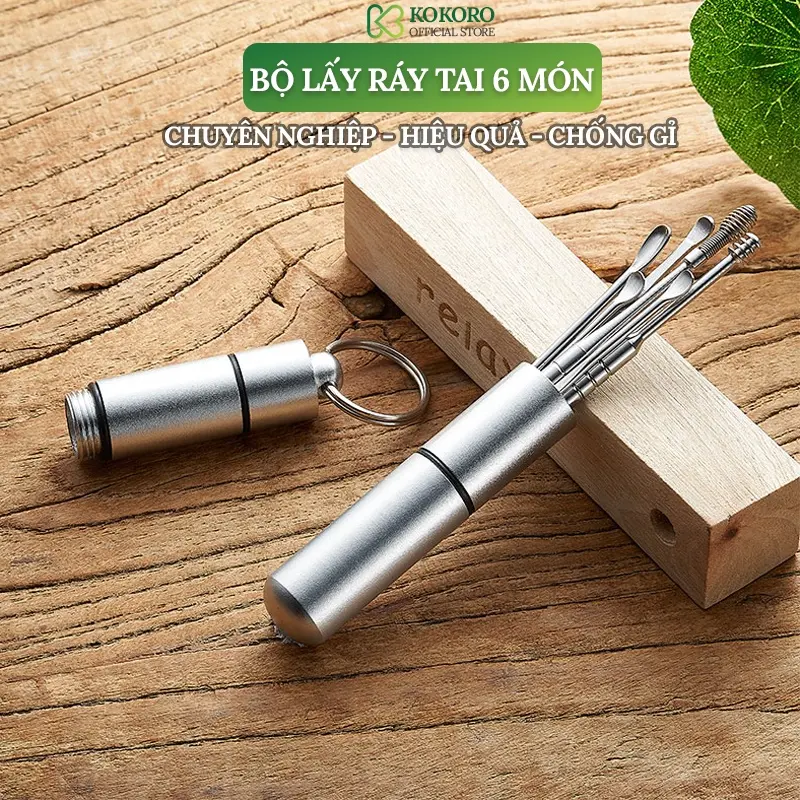 Bộ Dụng Cụ Ngoáy Tai 6 Món Vỏ Đựng Bằng Thép Không Gỉ Có Móc Khoá Tiện Lợi - Bộ Dụng Cụ lấy Ráy Tai Chuyên Dụng