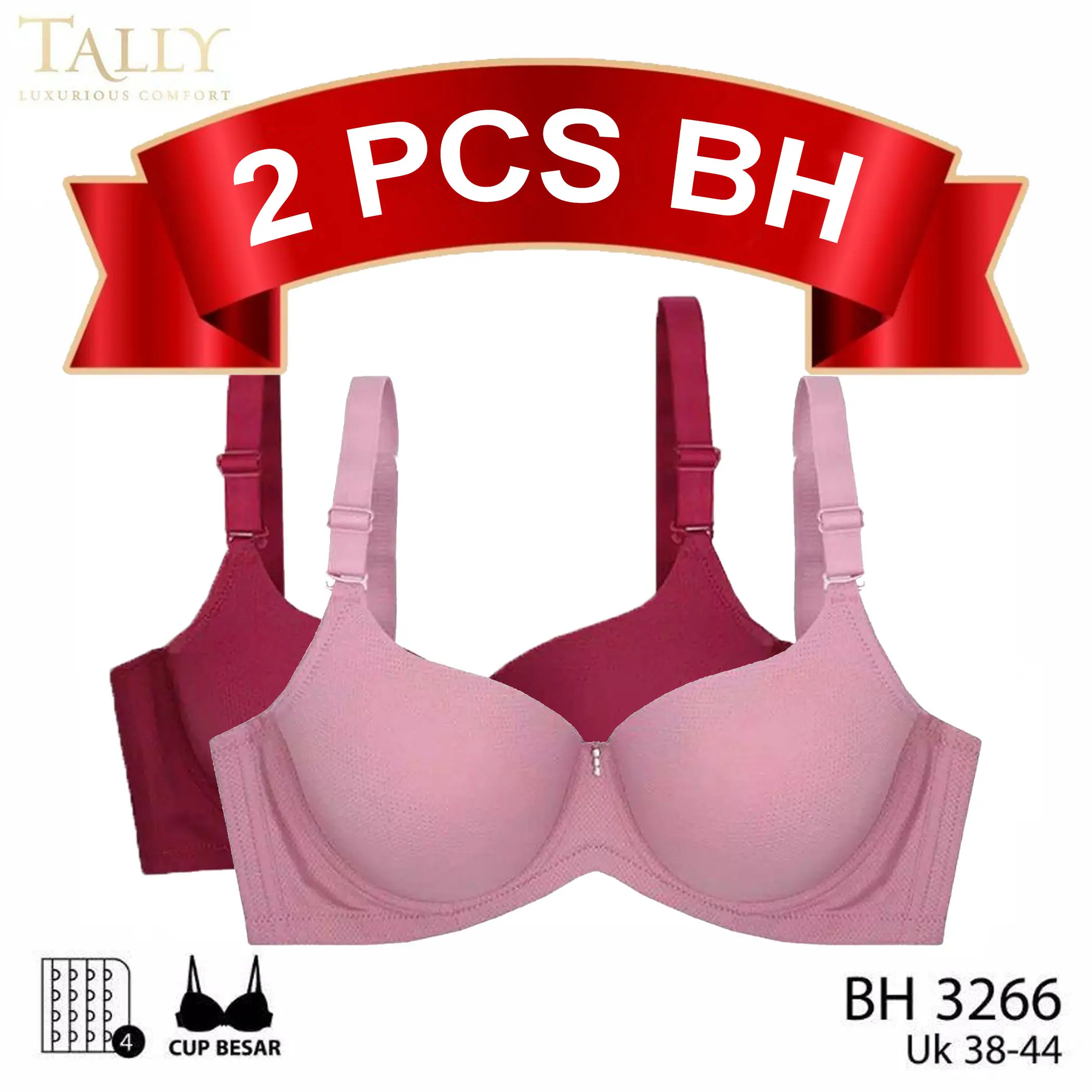 TALLY 1/2 Pcs BH 3266 Bra Dewasa Wanita / Cewek Busa tipis Ada Kawat Bahan Katun Pori Cup D/E Kait 4 Cup Jumbo Pakaian Dalam Wanita