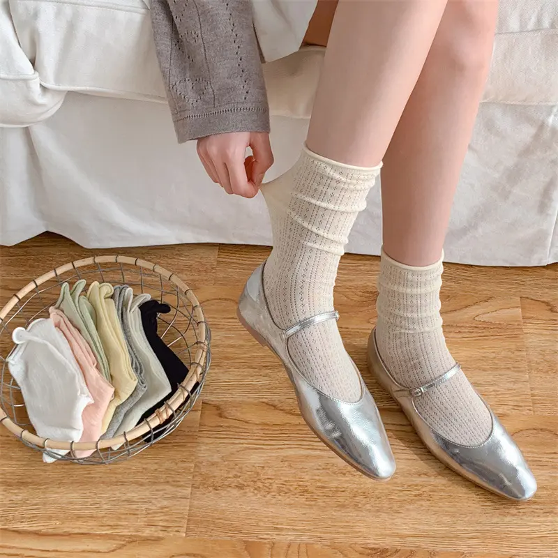 Thin Socks Women'S Summer Hollow Mesh Boneless Pile Socks Ins Candy-Coloured Rolled Socks Solid-Coloured Mid-Calf Socks