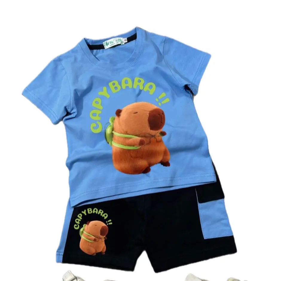 Bộ bé trai túi hộp phối in gấu CAPYBARA, thun cotton mềm mịn