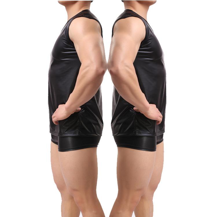 Product Introduction of New Men's Faux Leather Vest Comfortable round Neck Patent Leather Wide Shoulder Sleeveless Black Summer Hot-Selling Style inside Yiku Menswear Tops 3