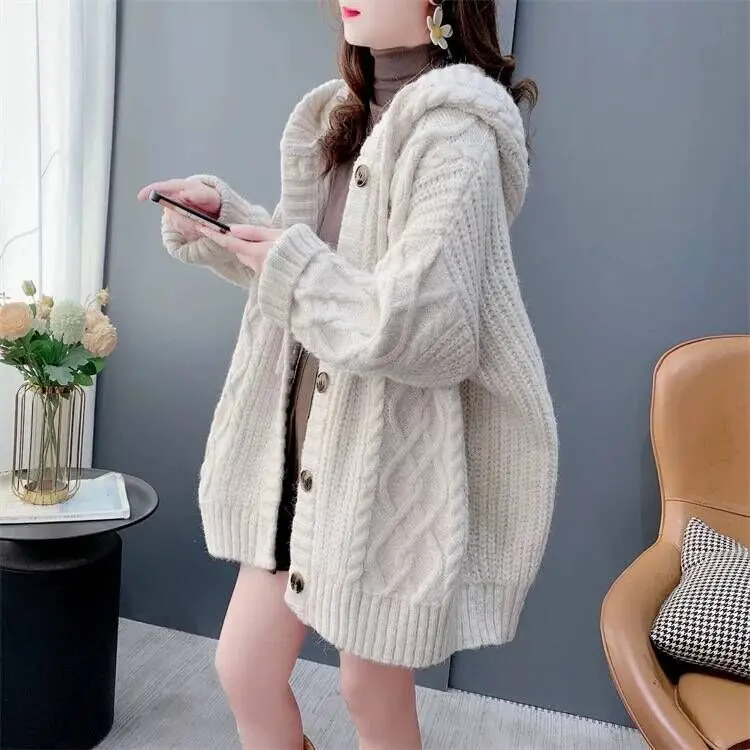 Áo Len Có Mũ Trùm Đầu Cổ Điển Phong Cách Thường Ngày Áo Cardigan, Dành Cho Nữ, Mùa Thu Và Mùa Đông, Dáng Rộng Vừa Vặn, Dài Trung Bình Áo Khoác Dệt Kim, Hàng Mới Về Năm 2024 2