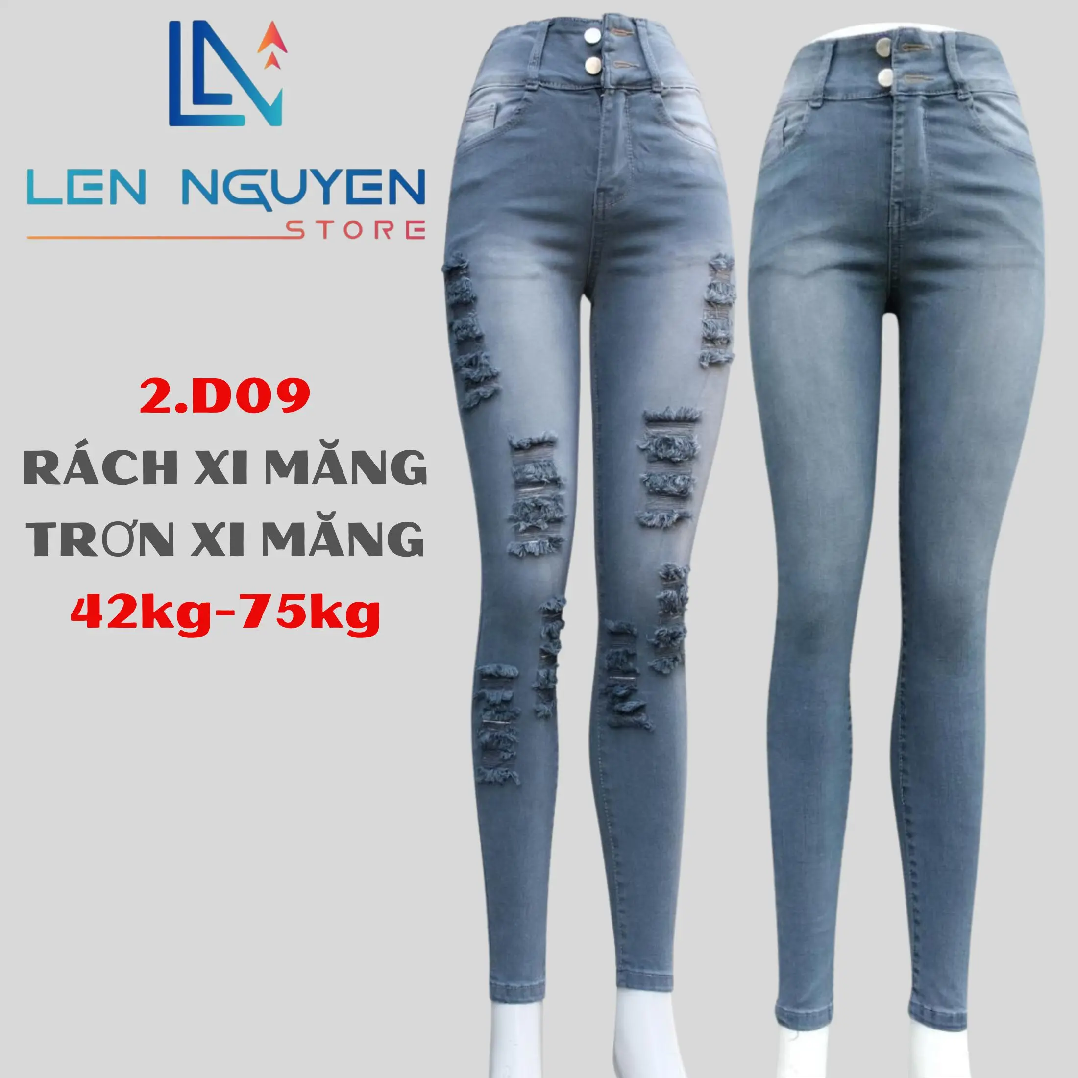 2.D09 [ Lên Nguyễn Store ] Quần Jean (Bò) Nữ, Lưng Cao 2 Nút, Dài 95-97cm, Size 42kg-75kg, Thiết Kế, Màu Xám, Xanh, Ống Ôm, Co Giãn, Mền Mịn, Bigsize, Hotgirl, Mang Phong Cách Năng Động, Trẻ Trung, Tự Tin, Dễ Phối Đồ, Skinny. Women Pants