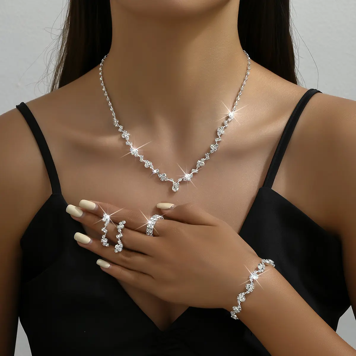 Fashion necklace bracelet earrings ring four-piece set for women versatile gold silver rose gold