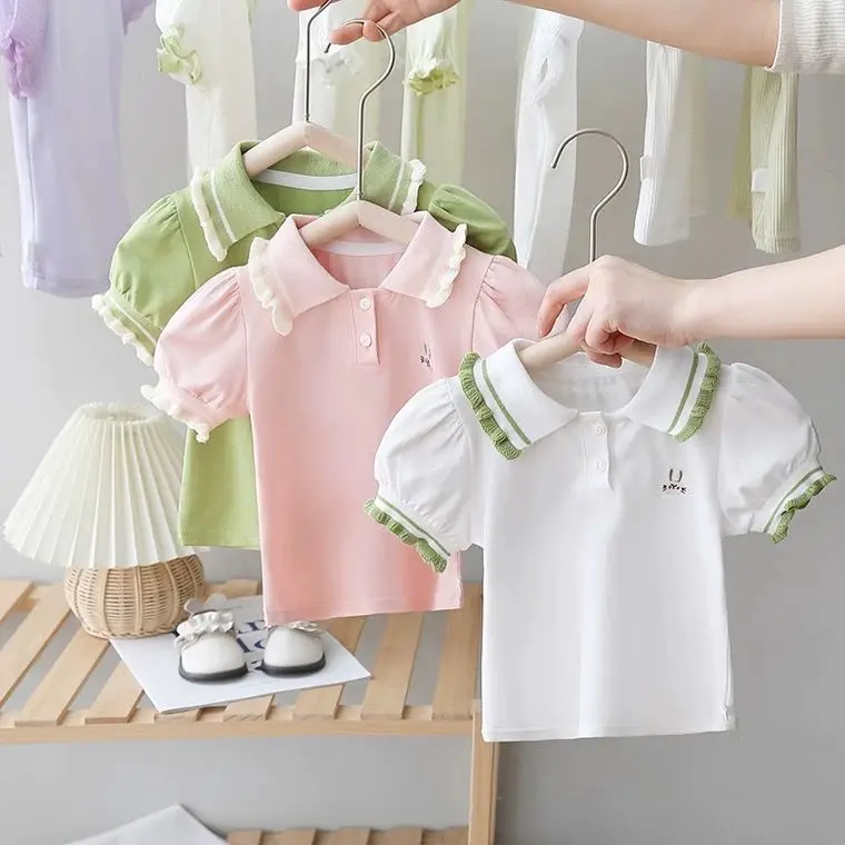Quần Áo Mùa Hè Cho Trẻ Em, Áo Thun Ngắn Tay Có Ve Áo Cho Bé Gái, 100% Cotton, Áo Khoác, Thích Hợp Cho Bé Và Trẻ Em, Phong Cách Preppy, Áo Sơ Mi Lớp Nền, Phong Cách Phương Tây
