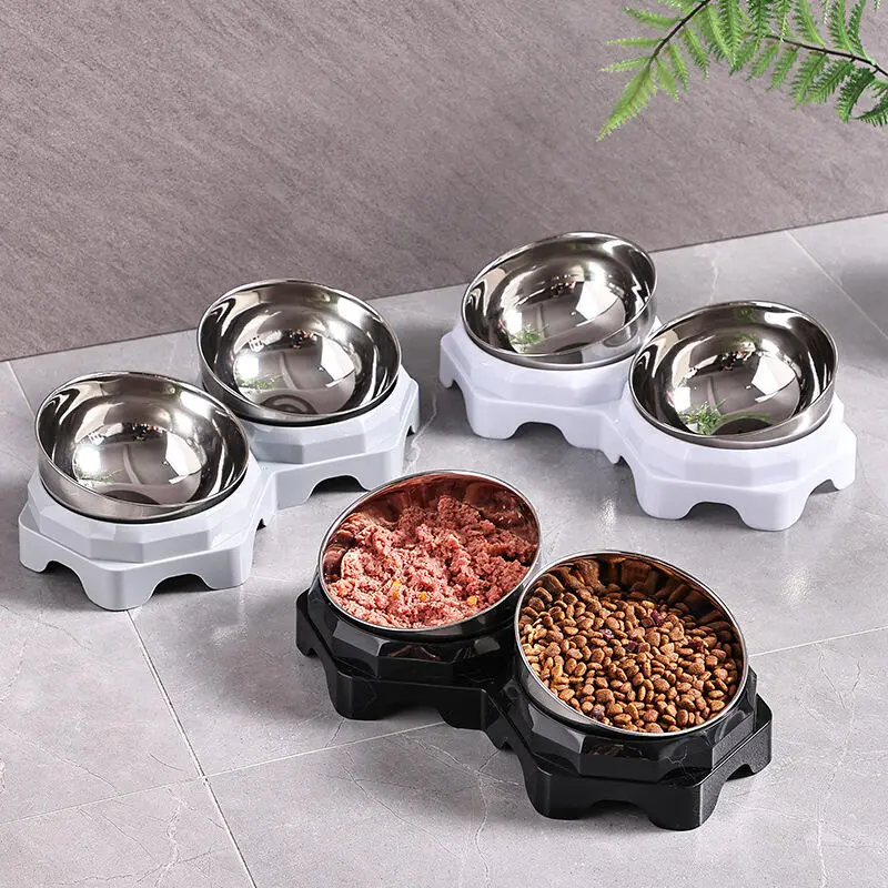 Cat bowl with 180 degree adjustable angle, large diameter stainless steel anti knock suction cup, double bowl, pet dog basin