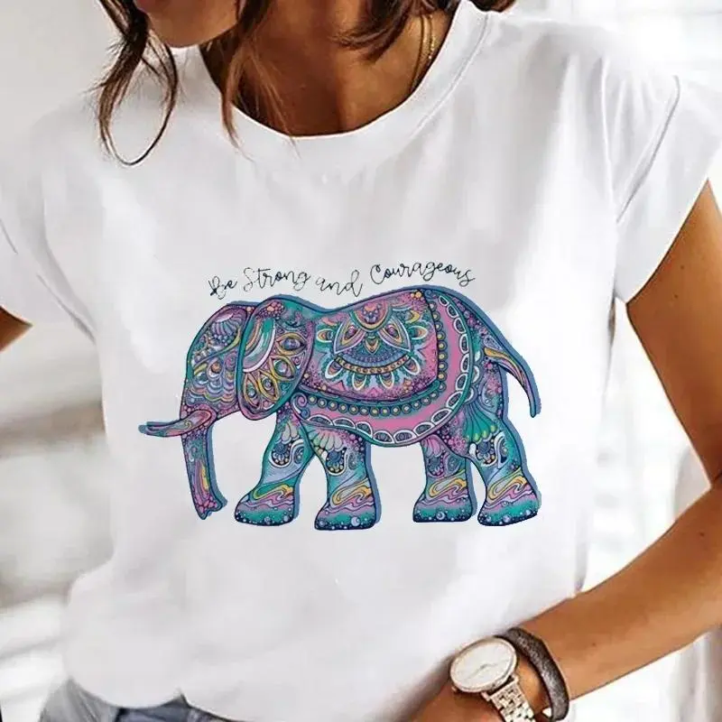 Spring Woman  T-Shirts Funny Elephant Boho Printed Short Sleeve Tees Fashion Female Clothes Comfortable Soft Street Tops Casual Summer Womenswear Light Polyester Pullover Lingerie Streetwear Fabric Animal