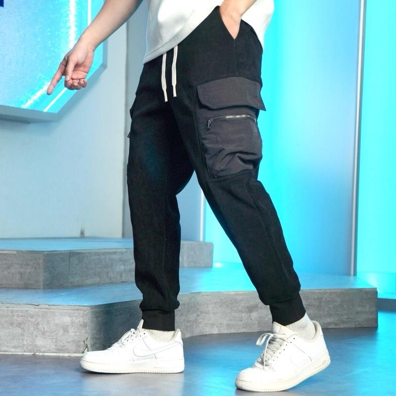 [ĐÔNG] Quần Jogger nỉ Vân tăm Túi Hộp Dù Khóa Lót Nhung Đen Phối quảng châu cao cấp Pants Menswear Sport