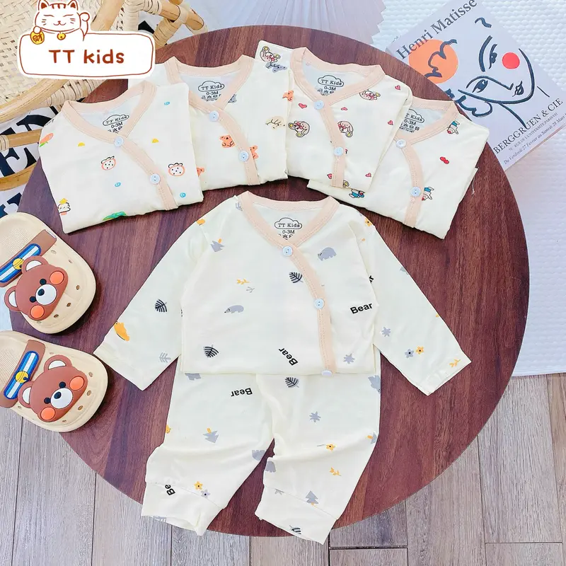 (Tặng vòng dâu) Combo 3 bộ - 5 bộ quần áo dài tay khuy chéo màu kem quần đáp đũng vải thun lạnh petit cho bé từ 3-9kg 3