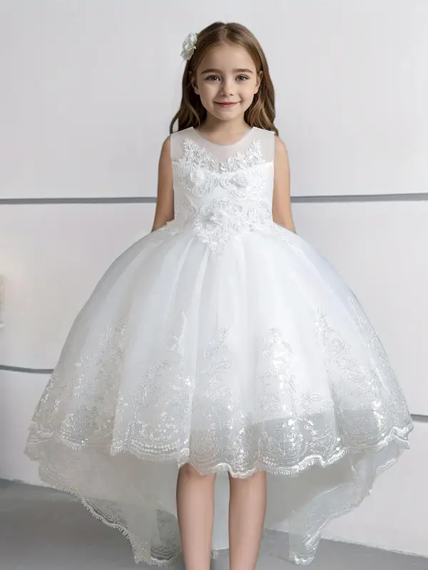 Girl's Contrast Lace Appliques Pearls High Low Hem Tulle Dress, Elegant Formal Sleeveless Zipper Back Fit & Flare Dress for Party Performance Wedding Guest, Kids Tutu Clothes for All Seasons, Tulle Overlay Dress 0