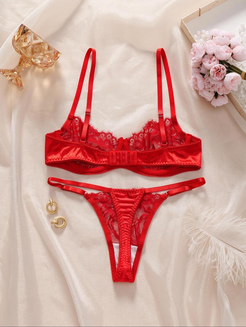 Product Introduction of Women's Floral Lace Underwire Bra &  Thong  Set, Adjustable Strap Bra & Panty Two-piece Set, Underwear  Set for Women 2