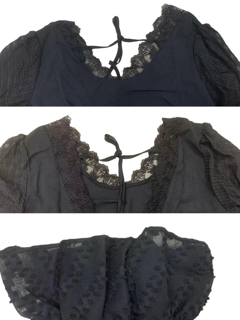 Product Introduction of 【Plus Size】 Contrast Lace Tie Back Flounce Sleeve Blouse, Casual V Neck Long Sleeve Top for Summer, Women's Plus Clothing for Daily Wear 6