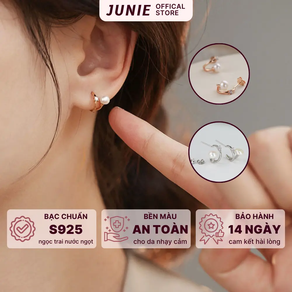 Bông Tai Hạt Trai Junie Bạc Mạ Vàng 14K JANE Dáng Ôm Tai Độc Đáo Quyến Rũ