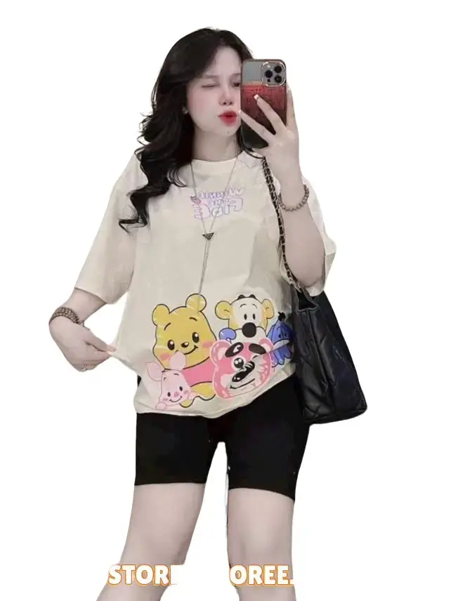 Đồ Bộ Lửng Ngố Thun Gân Kèm Áo Thun Form Rộng IN Hình Siêu Dễ Thương Nữ Top
