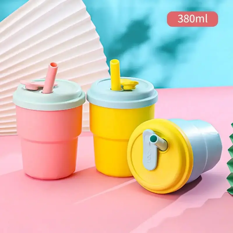 Household kitchenwareCoffee Straw Mug with Silicone Lid Juice Milk Tea Mug Leak-proof Drinking Water Bottles Portable Cup 380ml Children Student Gif