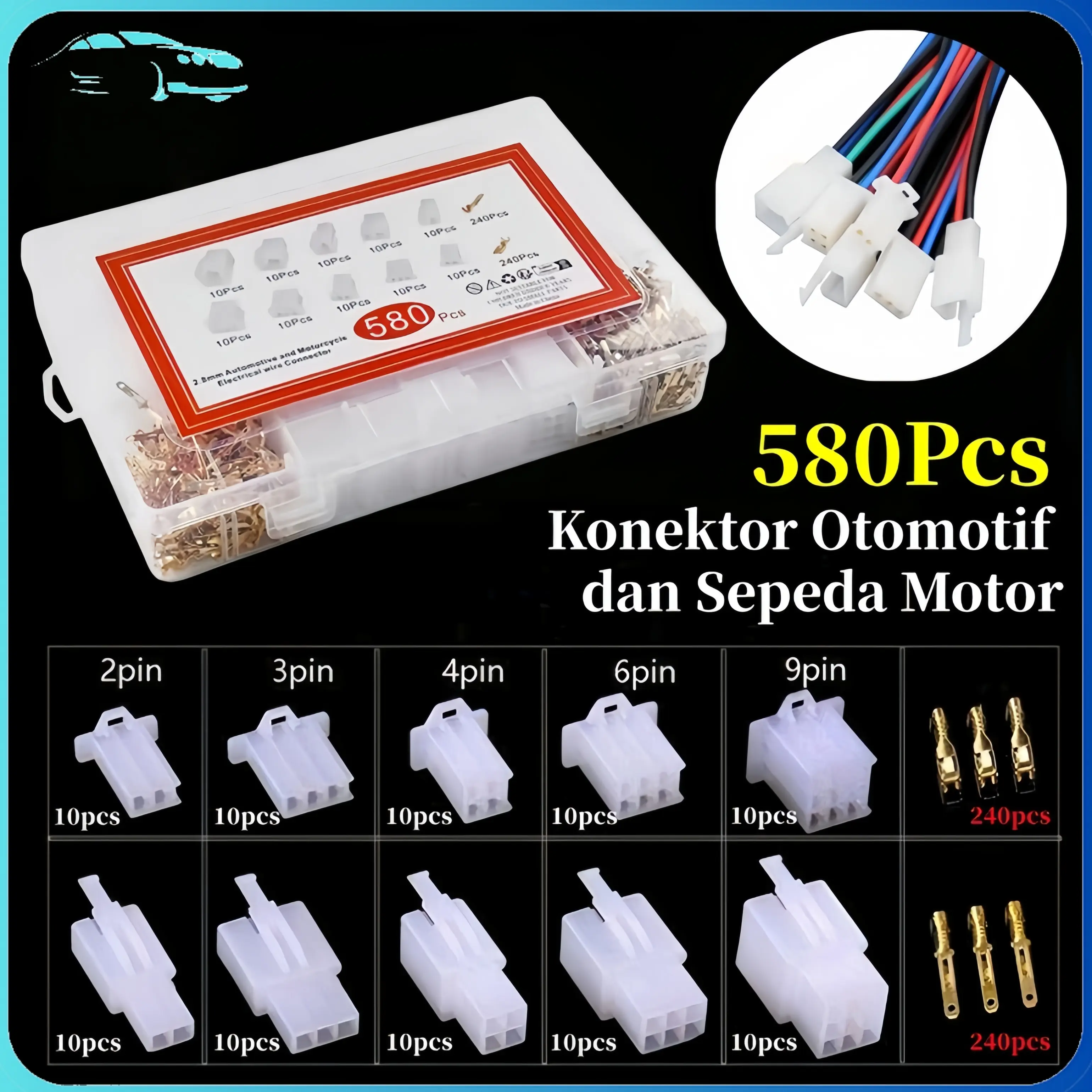 Mobildage 580 Pcs Konektor Otomotif Dan Sepeda Motor / Soket Konektor Kabel 2 3 4 6 9 Pin / Kabel Motor Car Kendaraan