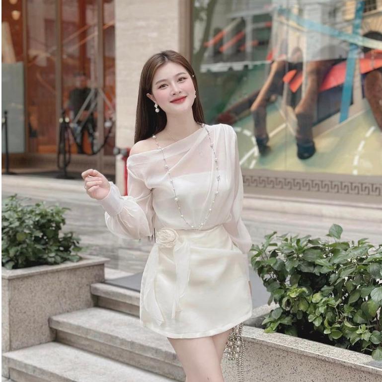 Set Đồ Nữ Áo Sơ Mi Voan Trễ Vai Tay Dài Phối Chân Váy Ngắn NV667 Phối Hoa |Kèm Áo Ống| Women Top