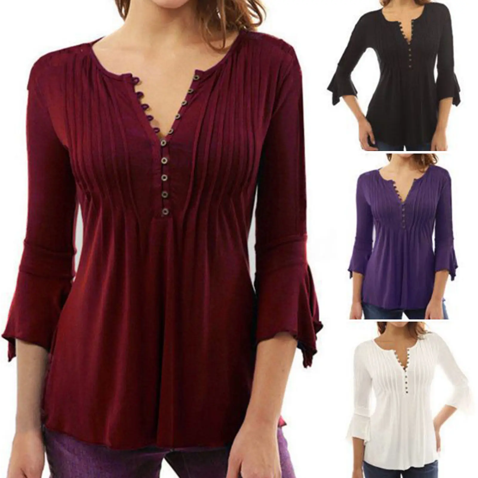 Women Shirt 3/4 Flared Sleeves V Neck Solid Color Pleated Button Closure Womenswear Slim Summer Casual Ladies Blouse Top Daily Wear