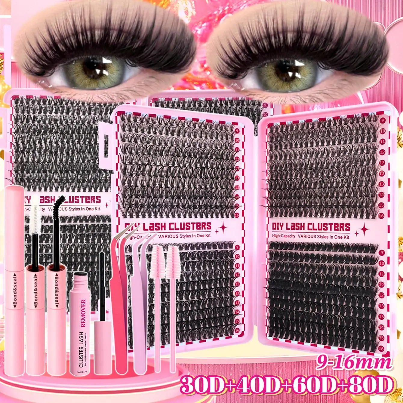 Individual False Eyelashes Kit, 1 Set Natural Look & Long Lasting & Soft Eyelash Extension Kit with Makeup Tools Bond and Seal, Cosmetic, Lash Clusters Kit