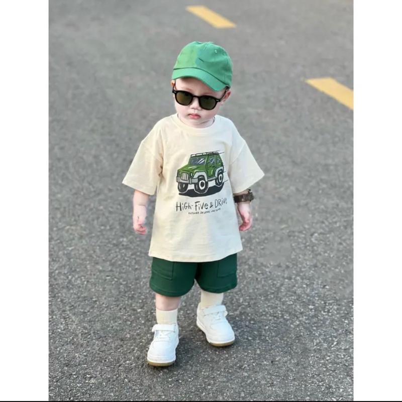 [kho sỉ mẹ gạo] Bộ Hè Bé Trai Chất Cotton in Hình Ô tô dễ thương, Áo Màu Be, Quần Màu Xanh, Size từ 10-30kg  Cho Bé trai Jean Kaki