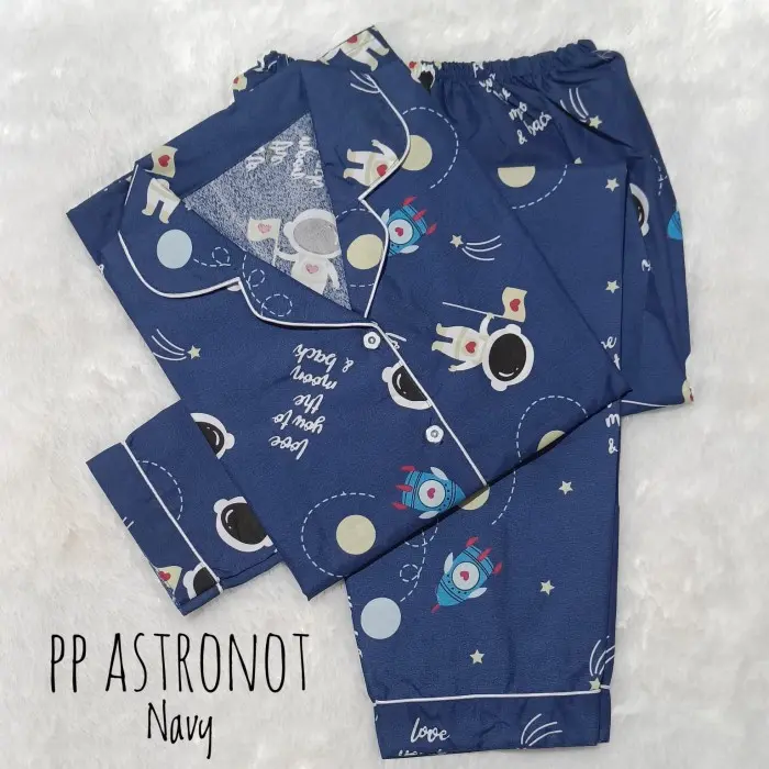 Piyama PP Wanita Motif Kartun Baju Tidur Lengan panjang Bahan Katun - Astronot Navy, M
