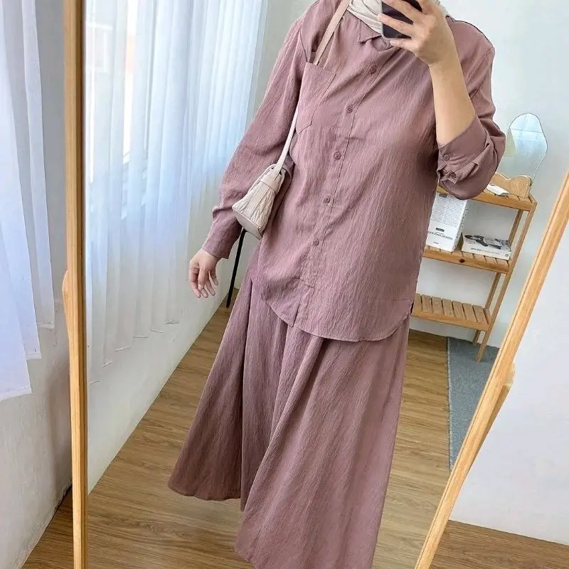 Humaira One Set Skirt | Setelan Rok Muslim Wanita Remaja Crinkle Airflow | Full Kancing Kantong Rok Melar Full Karet Kerah Kemeja 3