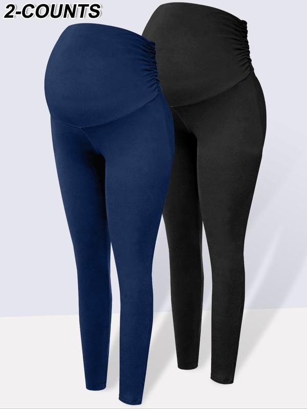 Maternity Solid Color Ruched High Waist Maternity Leggings, Casual Comfy Breathable Skinny Pants for Pregnancy & Postpartum, Maternity Bottoms for Fall & Winter 4