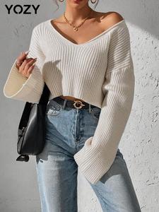 YOZY Women's Plain Ribbed Flounce Sleeve Sweater, Casual Long Sleeve V Neck Jumper for Fall & Winter, Fashion Ladies' Knitwear for Daily Wear