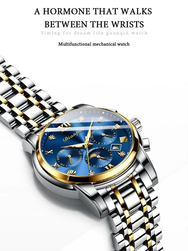 Men's Business Rhinestones Decorated Round Dial Calendar Mechanical Watch,  Waterproof Fashion Trendy Wristwatch, with Box 4
