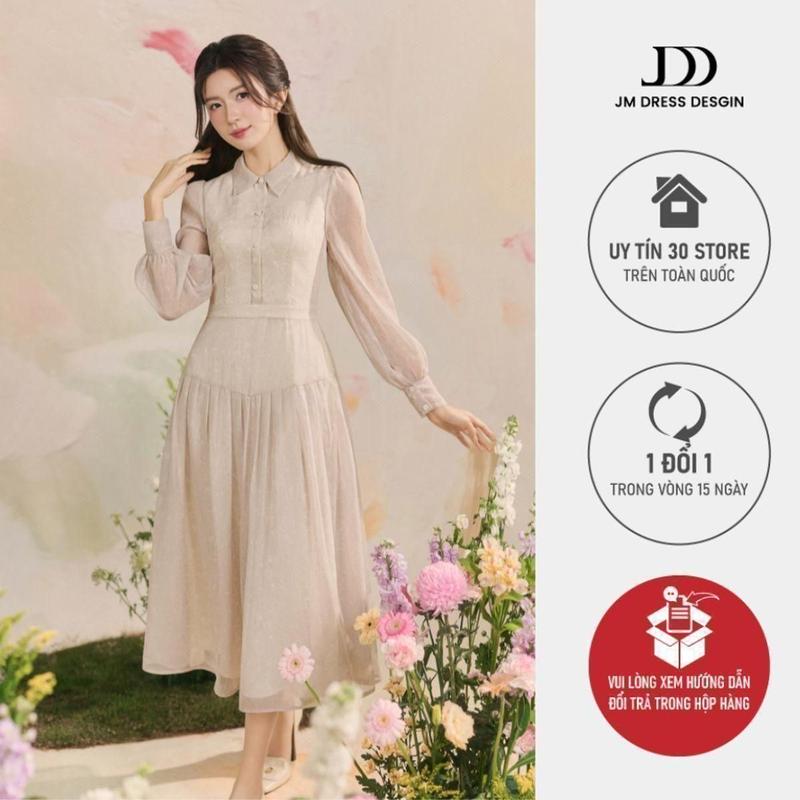 Đầm cổ đức tay dài xếp ly chân họa tiết 1R10.2503OG, váy xinh nhẹ nhàng, sang chảnh JM Dress Design